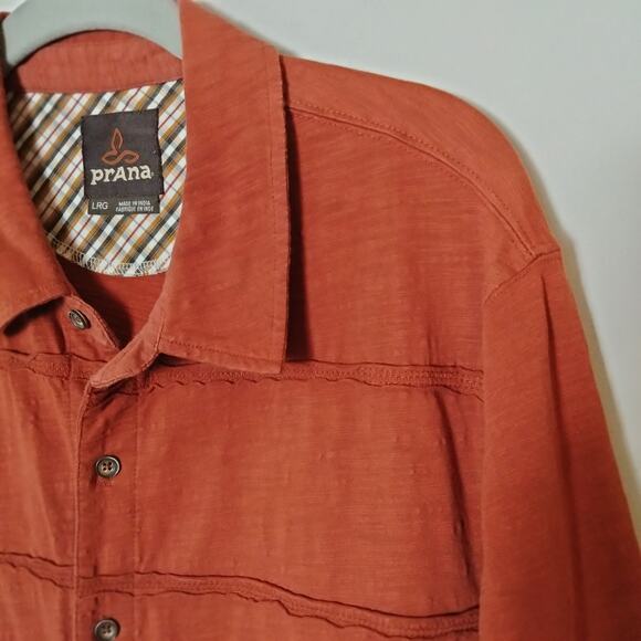 Prana Mens Sz L Keylyn Orange Knit Short Sleeve Button Up Shirt Organic Cotton - Picture 3 of 4